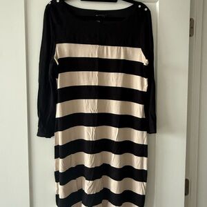 White House Black Market Black and Cream Striped Long Sleeve Dress
